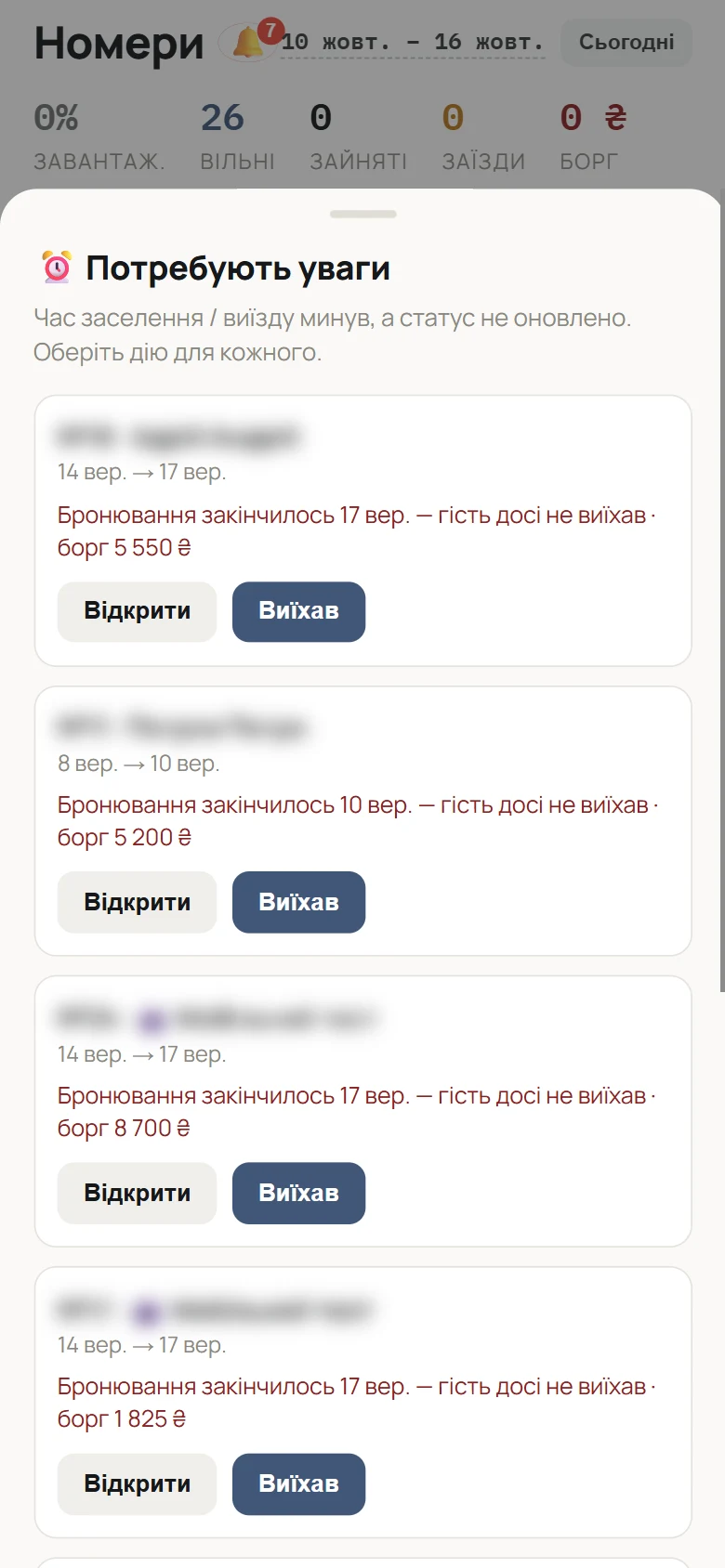 Мобільний екран: бронювання, що потребують уваги